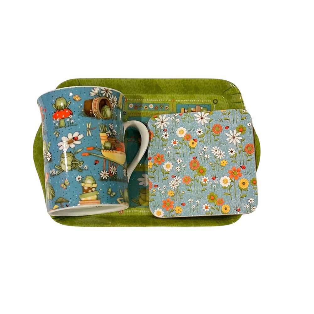 Debbie Mumm Fine Porcelain Coffee Mug, Coaster & Tray Set, Garden Themed